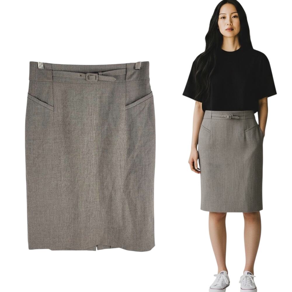 Classiques Entier Pencil Skirt Waist Belt Beige Side Zip Vent Size 4